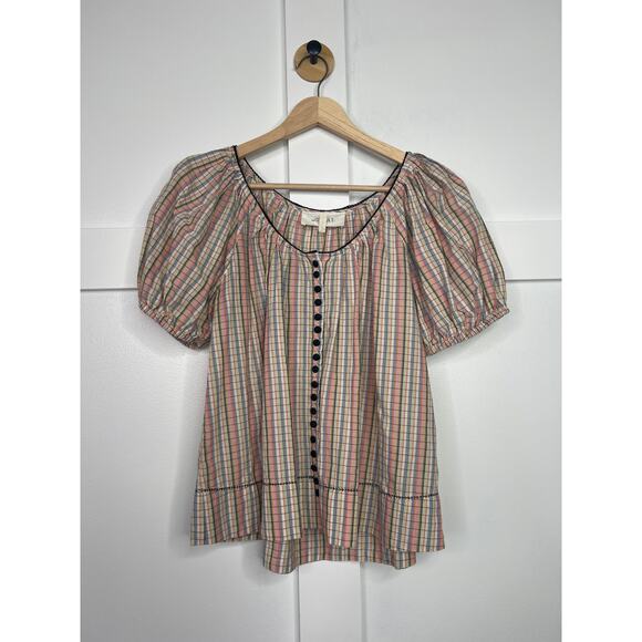 NEW The Great. Puff Sleeves Button Front The Porch Cotton Top Pastel Plaid - Picture 2 of 8